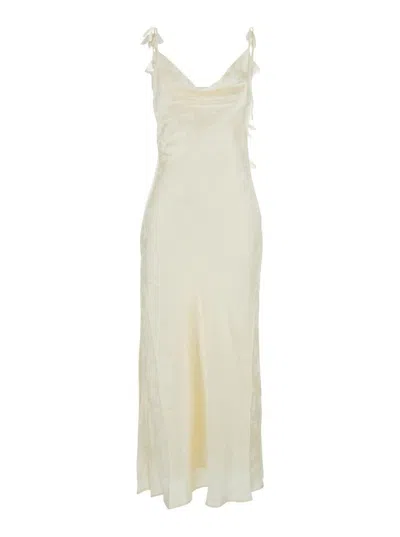 Rotate Birger Christensen White Dress With Draped Neckline And All-over Floral Motif In Silk Woman