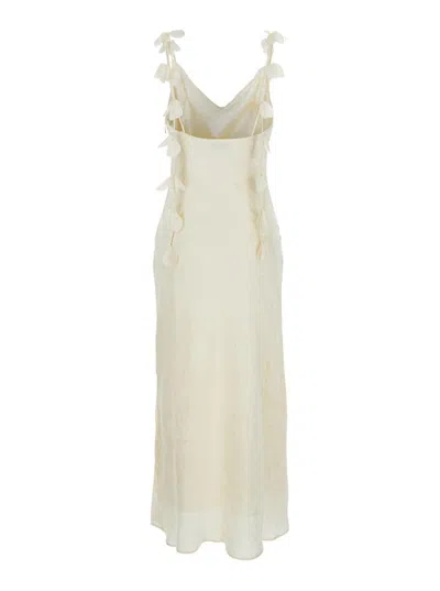 Rotate Birger Christensen White Dress With Draped Neckline And All-over Floral Motif In Silk Woman