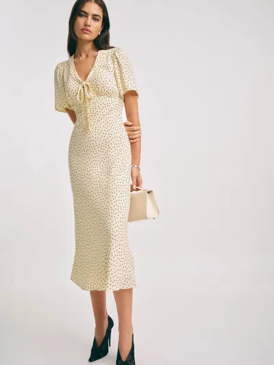 Reformation Tyra Polka Dot Short Sleeve Midi Dress In Gray
