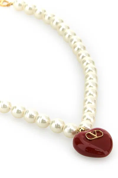 Valentino Ivory Pearls Coeur Royal Necklace In Red