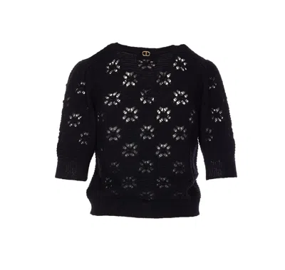 Twinset Open-knit V-neck Cardigan In Black