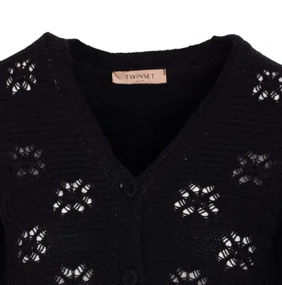 Twinset Open-knit V-neck Cardigan In Black