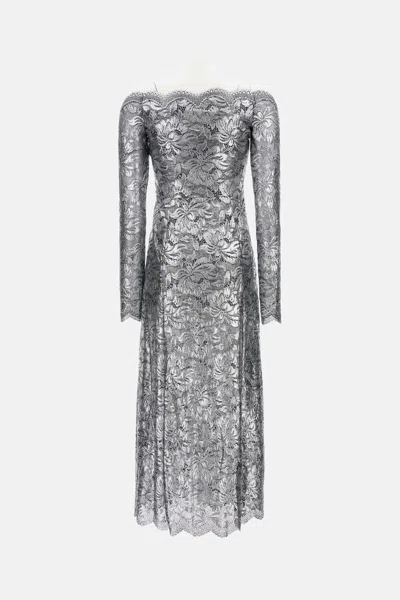 Rabanne Womens Black Silver Lace Off-shoulder Stretch-woven Midi Dress In Gray
