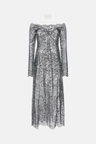 Rabanne Womens Black Silver Lace Off-shoulder Stretch-woven Midi Dress In Gray