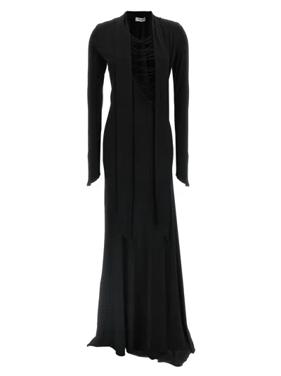Attico Asymmetrical V-neck Dress With Flared Train In Black