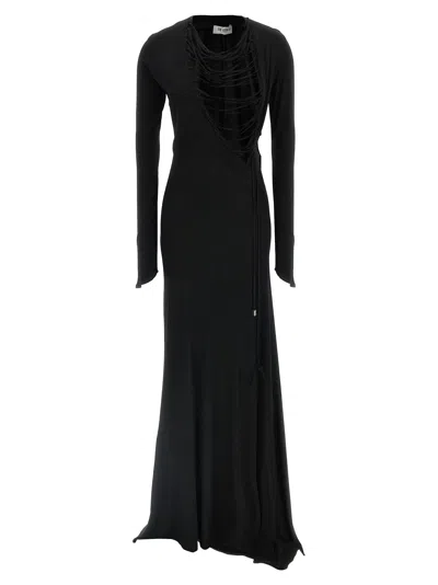 Attico Asymmetrical V-neck Dress With Flared Train In Black