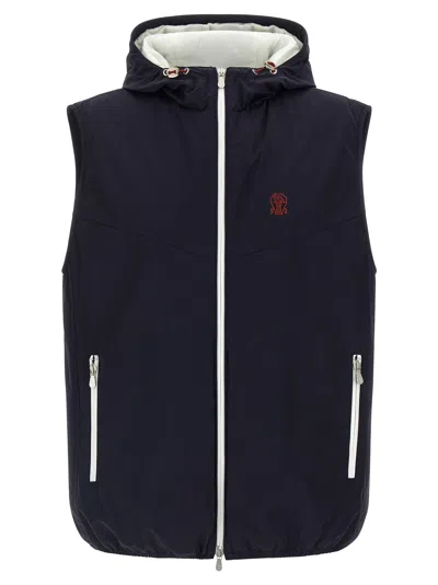 Brunello Cucinelli Water-repellent Technical Fabric Hooded Vest In Blue