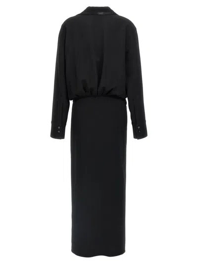 Attico V-neck Slit Midi Dress With Satin Piping In Black