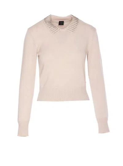 Pinko Rhinestone-decorated Collar Sweater In White