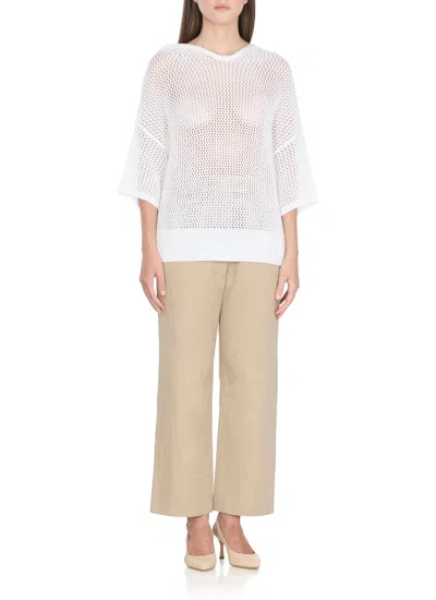 Antonelli Perforated White Cotton Sweater With Relaxed Fit