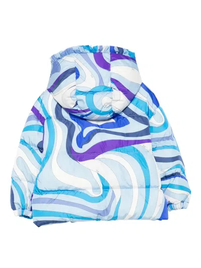 Pucci Junior Marmo-print Hooded Jacket In Blue