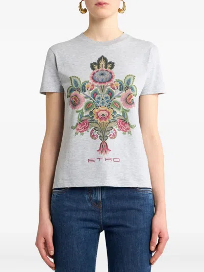 Etro Floral Crew Neck Short Sleeve Top In Gray
