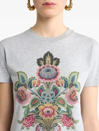 Etro Floral Crew Neck Short Sleeve Top In Gray