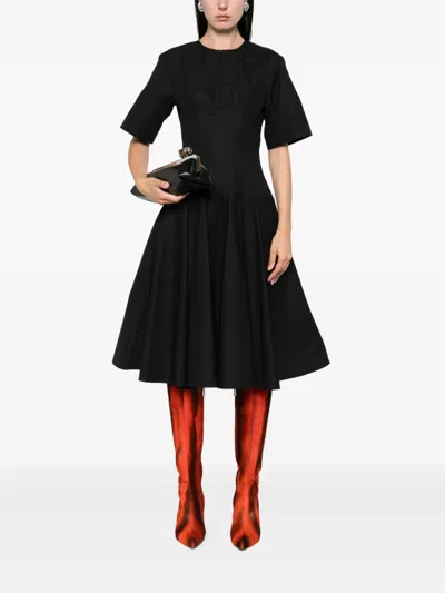 Alexander Mcqueen Cotton Poplin Midi Dress In Black