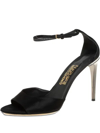 Pre-owned Ferragamo 100mm Satin Ankle-buckle Sandals In Black