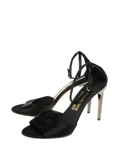 Pre-owned Ferragamo 100mm Satin Ankle-buckle Sandals In Black