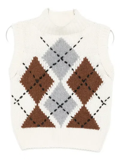Ermanno Scervino Pure Cashmere Top With Two-tone Argyle Motif In White