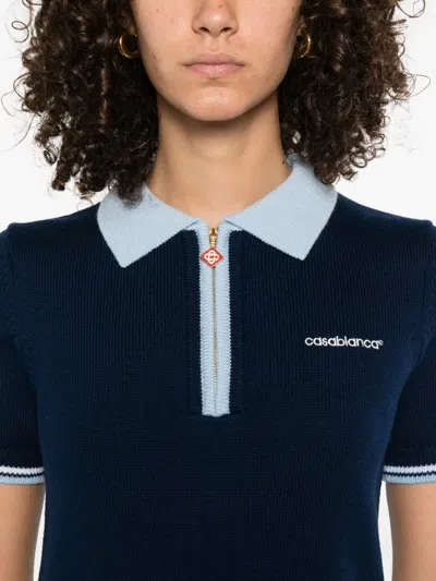 Casablanca Striped Collar Tennis Polo In Blue