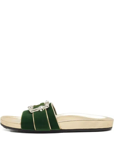Pre-owned Prada Crystal-buckle Velvet Flat Sandals In Green