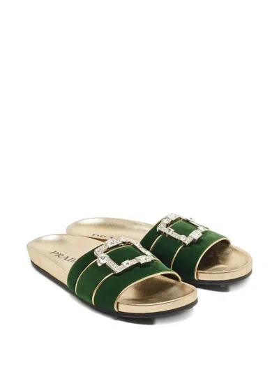 Pre-owned Prada Crystal-buckle Velvet Flat Sandals In Green