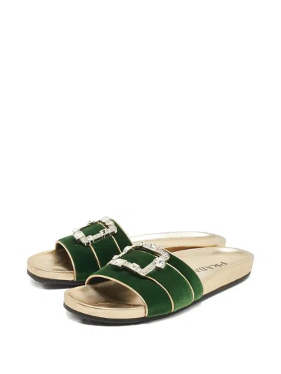 Pre-owned Prada Crystal-buckle Velvet Flat Sandals In Green