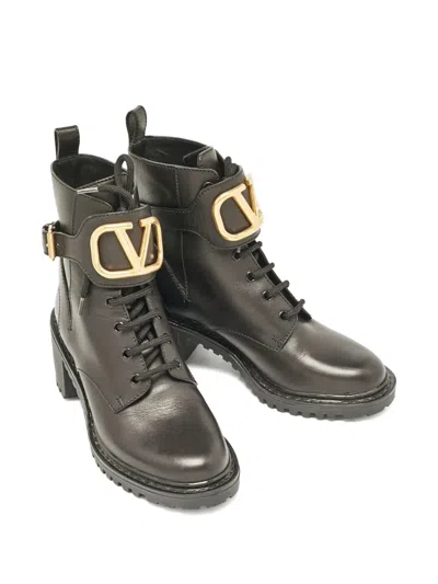 Pre-owned Valentino Garavani Buckle-strap Leather Combat Boots In Black