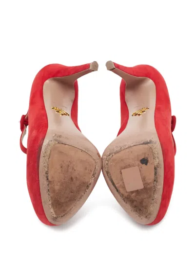 Pre-owned Prada 140mm Suede Buckled Pumps In Red