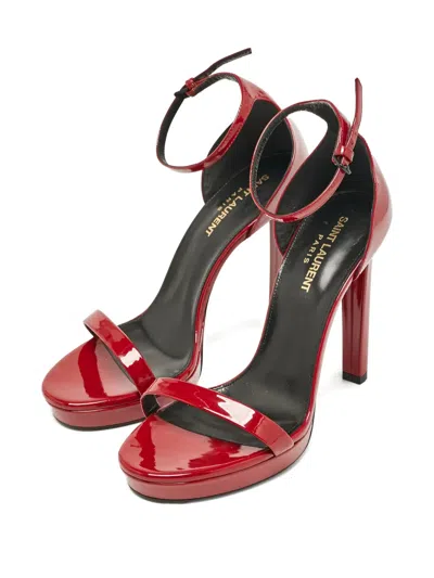 Pre-owned Saint Laurent 120mm Jane Patent-leather Ankle-strap Sandals In Red