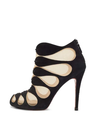 Pre-owned Christian Louboutin 115mm Suede Mesh Boots In Black