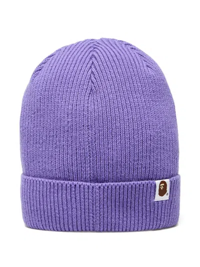 A Bathing Ape Ribbed-knit Logo Beanie In Purple
