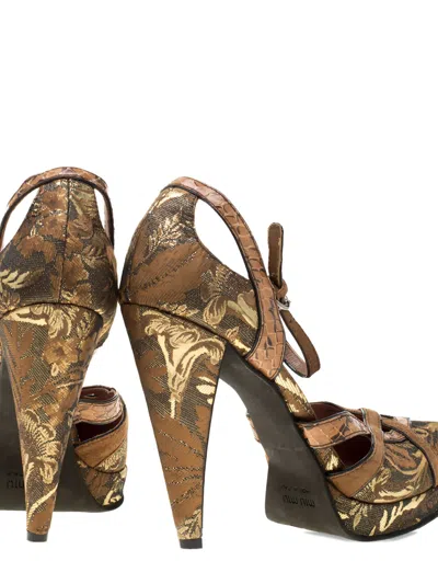 Pre-owned Miu Miu 2024 120mm Brocade Sandals In Brown