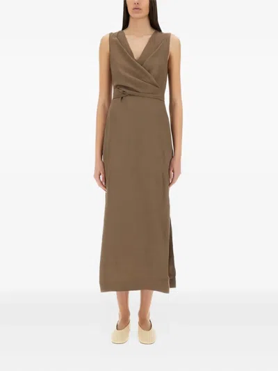 Brunello Cucinelli Wrap Effect Linen Dress In Brown