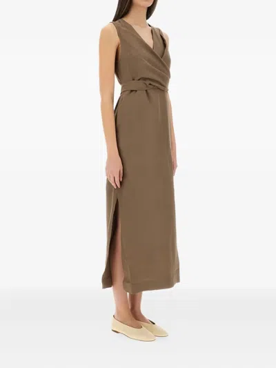 Brunello Cucinelli Wrap Effect Linen Dress In Brown