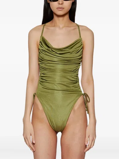 La Semaine Ruched Cross-back Swimsuit In Green