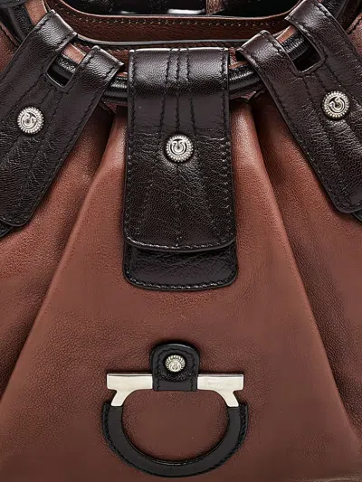 Pre-owned Ferragamo Gancini Leather Shoulder Bag In Brown