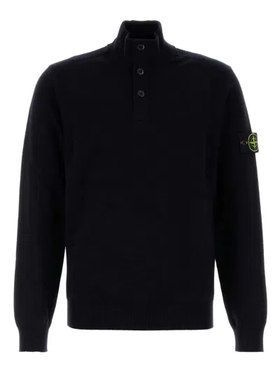 Stone Island High Collar Pullover With Buttoned Placket And Logo Patch