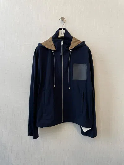 Loewe Hooded Leather-patch Jacket In Blue