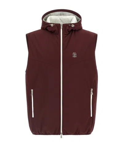 Brunello Cucinelli Hooded Vest With Elastic Hem And Side Zipper Pockets In Burgundy
