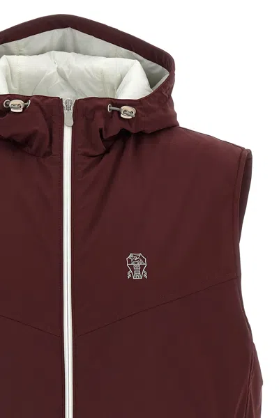 Brunello Cucinelli Hooded Vest With Elastic Hem And Side Zipper Pockets In Burgundy
