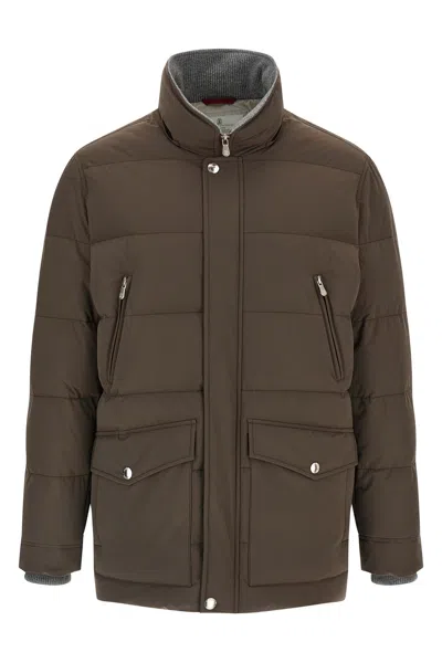Brunello Cucinelli Knit Insert Down Jacket Puffer Jackets Brown In Brown