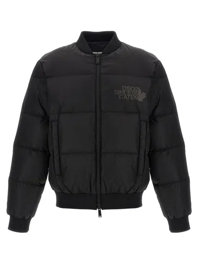 Dsquared2 Classic Black Puffer Bomber Jacket With Ribbed Cuffs In Black