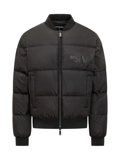 Dsquared2 Classic Black Puffer Bomber Jacket With Ribbed Cuffs In Black