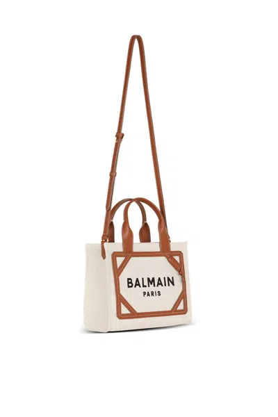 Balmain B Army Medium Shopper Tote Bag In Canvas With Leather Handles In Brown
