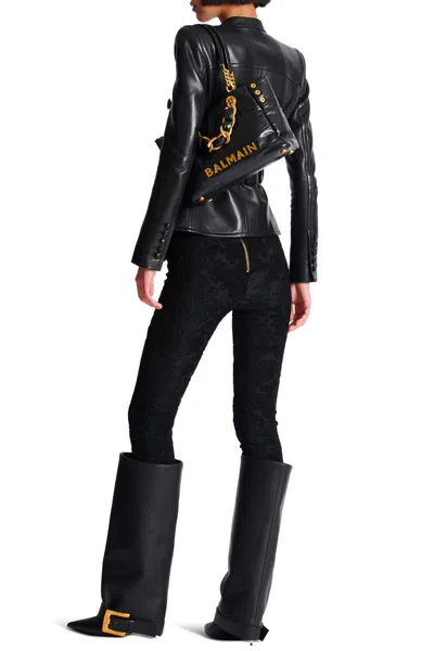 Balmain Black Leather Shopping Bag With Gold Details In Black
