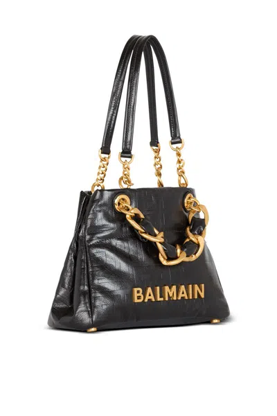 Balmain Black Leather Shopping Bag With Gold Details In Black