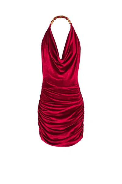 Balmain Red Chain-detail Velvet Mini Dress In Red
