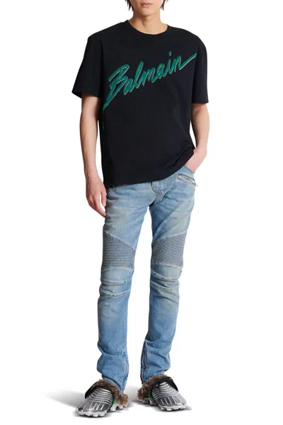 Balmain Black Crewneck T-shirt With Logo Lettering Print On The Front In Cotton Man