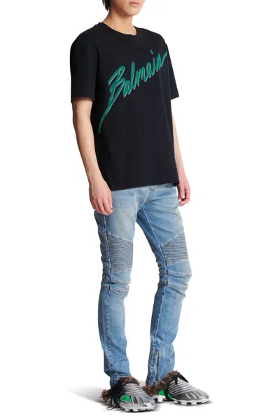 Balmain Black Crewneck T-shirt With Logo Lettering Print On The Front In Cotton Man