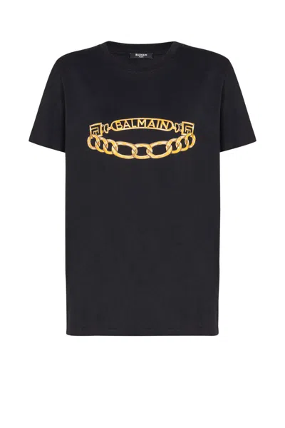 Balmain Crew Neck Graphic Print Short Sleeves In Black
