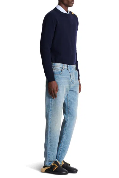 Balmain Straight Whiskering Faded Belt Loops Pockets In Blue